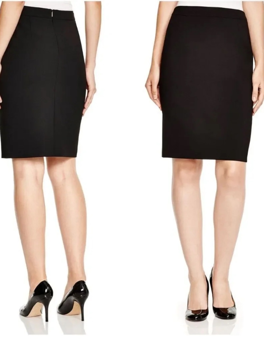HUGO BOSS Vilea Black Stretch Wool Pencil Skirt Business Zip Back Gold Accent 6